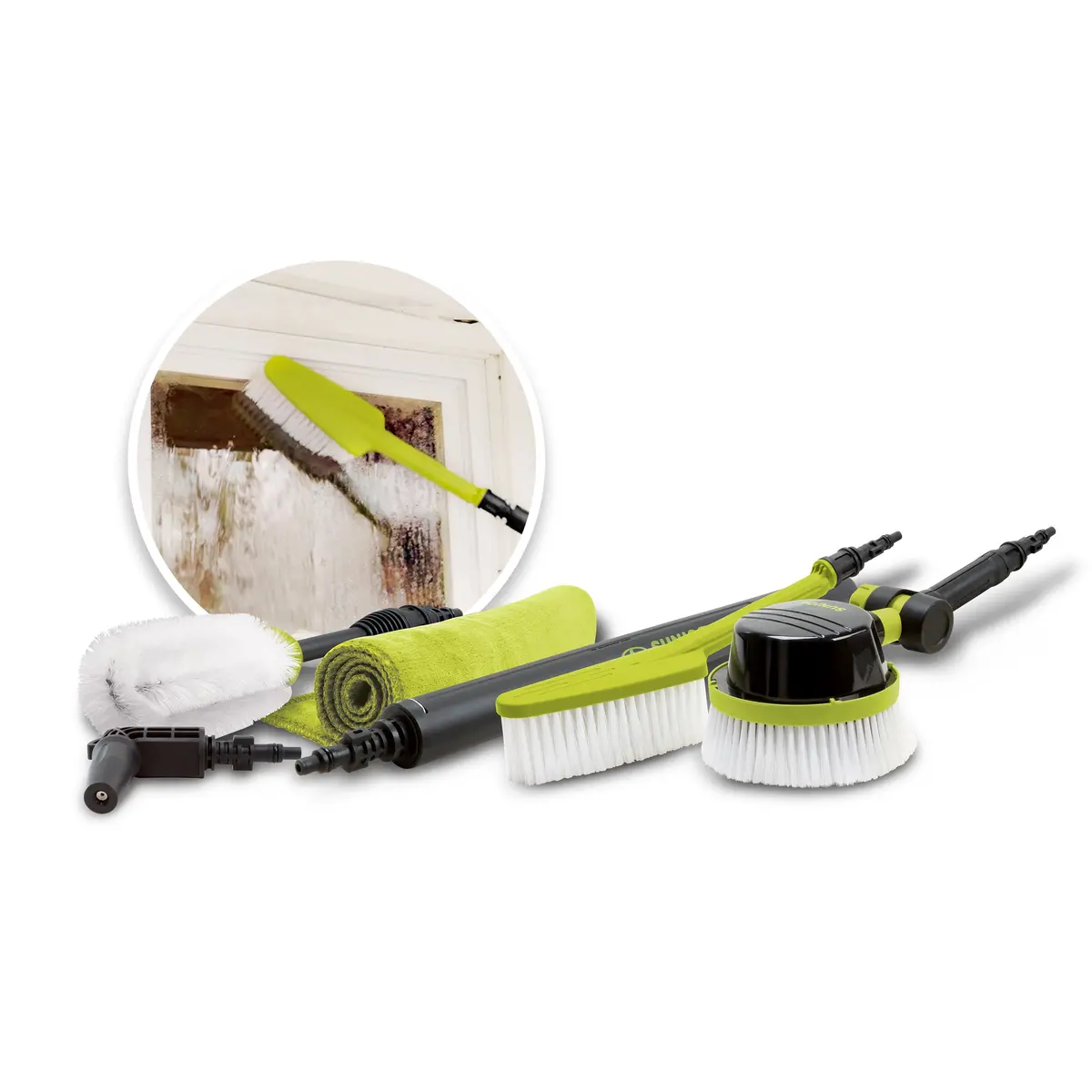 Sun Joe Auto Cleaning System For Most Pressure Washers | W/ 180° Rotating Brush, Feather Bristle Brush, Wheel/Rim Detailing Brush, Undercarriage Turbo Nozzle, Microfiber Cleaning Cloths & Universal Adapters For Most Brands Up To 3500-Psi 1