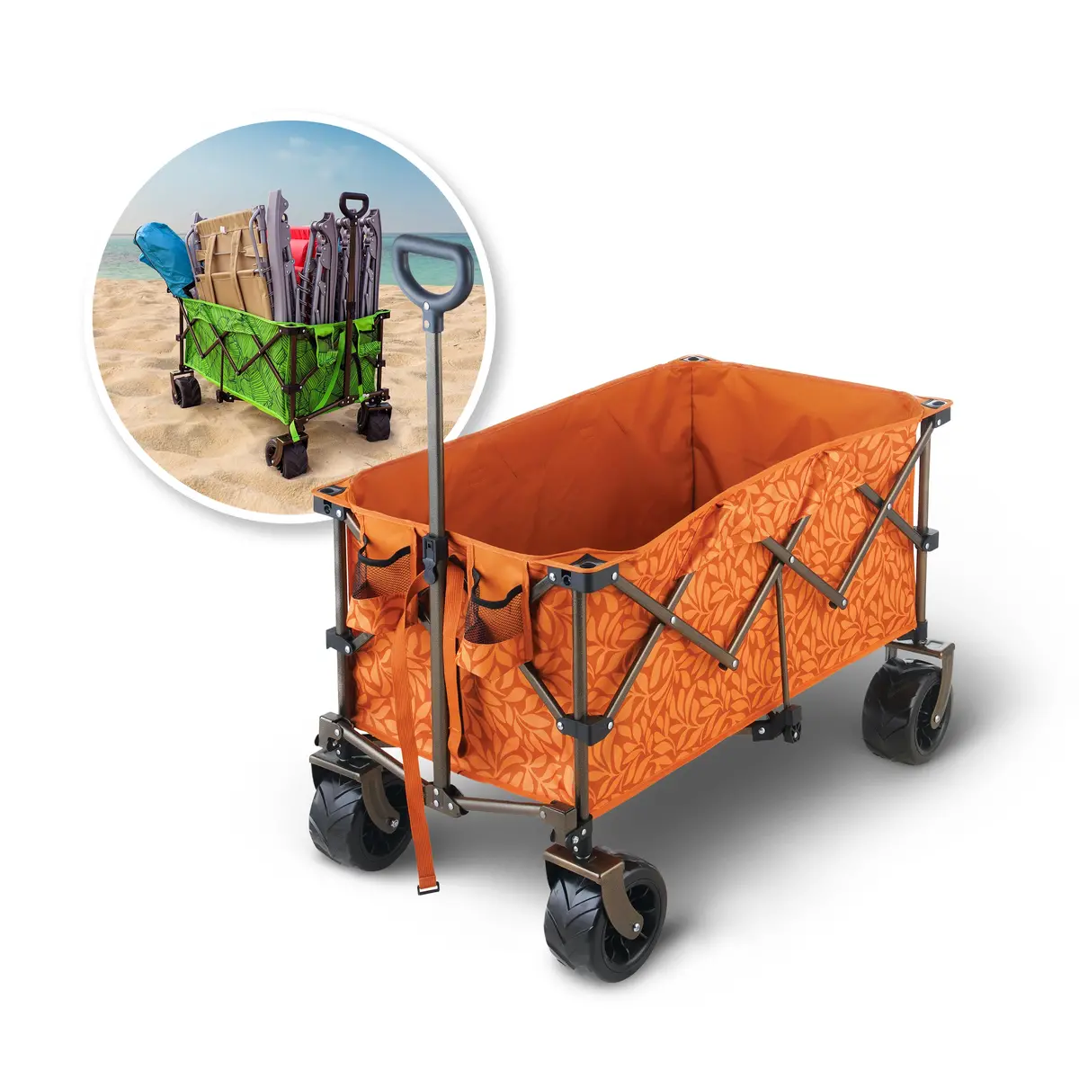 Bliss Hammocks Bhw-100-Al Collapsible Garden Cart/Beach Wagon W/ Storage Bag | 36-In. X 22-In. | Tool/Beverage Holders & Wheels | Waterproof | 175 Lb. Capacity (Amber Leaf) 1
