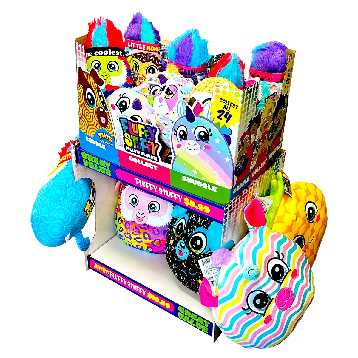 Pillow Plush Fluffy Stuffy Assortment Floor Display - 30 Pieces Per Retail Ready Display Kit 88438 1