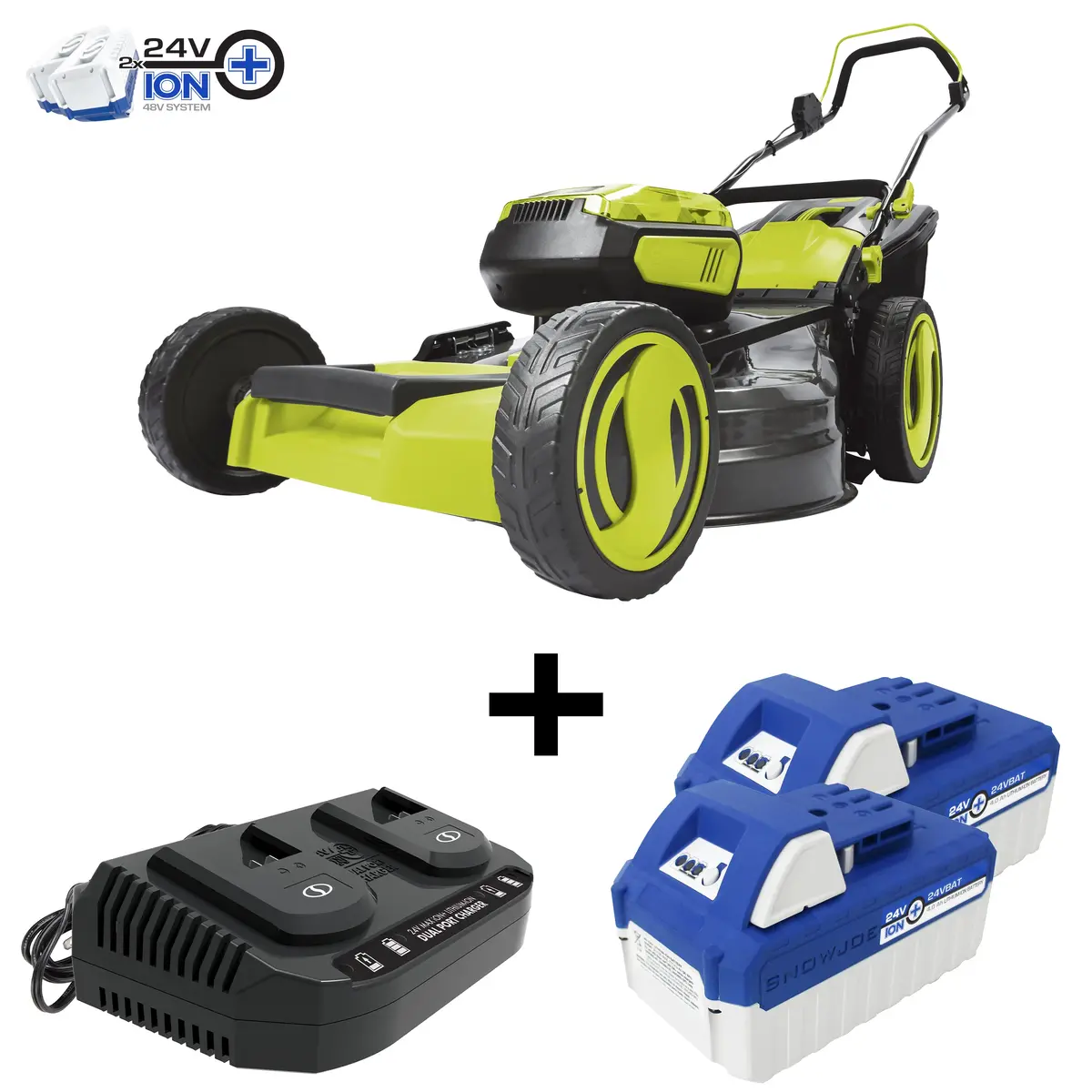 Sun Joe 24V-X2-21Lm 48-Volt* Ionmax Cordless Lawn Mower Kit W/ Collection Bag | 20-Inch | 7-Position | W/ 2 X 4.0-Ah Batteries + Dual Port Charger 1
