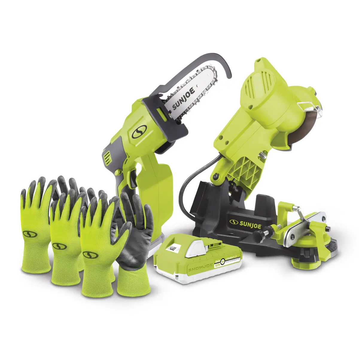 Sun Joe Handheld Chainsaw Bundle | W/ Sharpener, Gloves, & Extra Battery 1