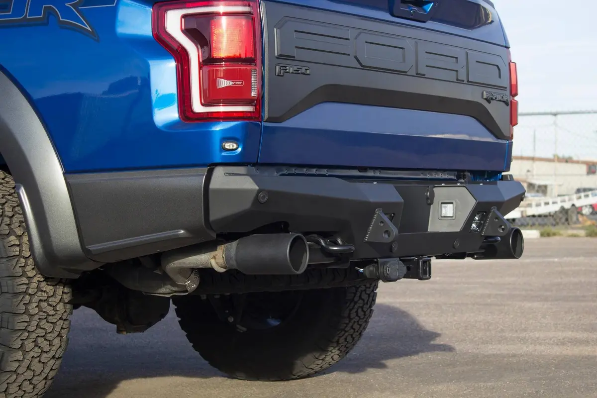 Add R117321370103 2017-2020 Ford F150 Raptor Honeybadger Rear Bumper With Tow Hooks, Backup Sensors And Dually Mounts 1