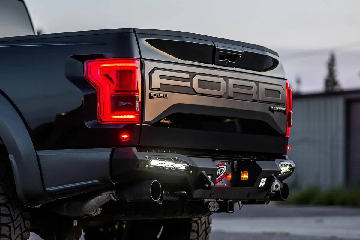 Add R117321430103 2017-2020 Ford F150 Raptor Honeybadger Rear Bumper With Tow Hooks, Backup Sensors And 10'' Sr Led Light Mount 1