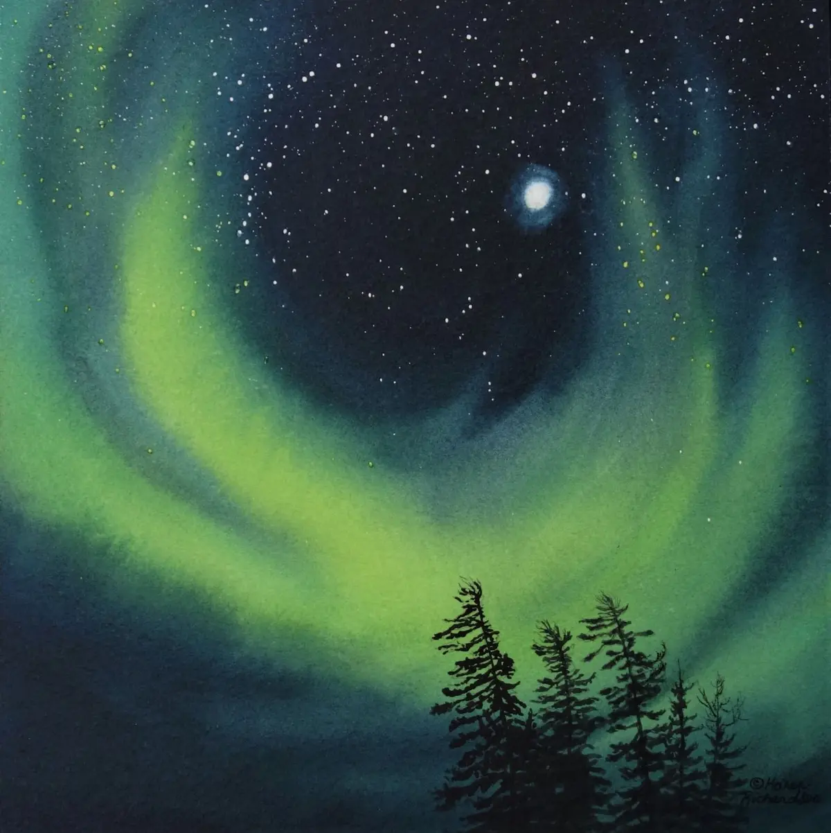 Night Fire, Watercolour On Panel, 10 X 10" (Sold) 1