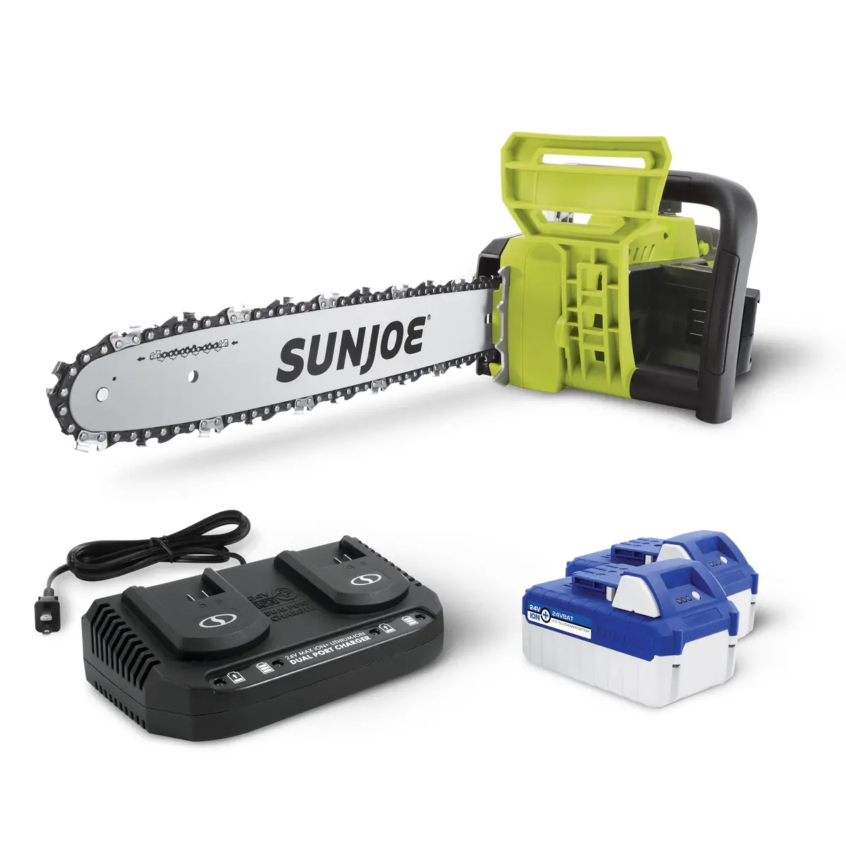 Sun Joe 48-Volt* Ionmax Cordless Chain Saw Kit | 16-Inch | W/ 2 X 4.0-Ah Batteries + Dual Port Charger 1