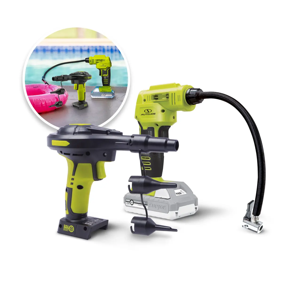 Sun Joe + Auto Joe 24V-Ajc-Ajv-Lte 24V* Ionmax High Volume Inflator & Portable Air Compressor Kit | W/ 2.0-Ah Battery + Charger, Storage Bag, 3 Inflation Adapters, And Nozzle Pin Attachments 1