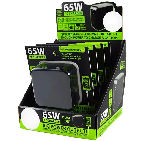 Ac Wall Charger Dual Port Usb / Usb-C Fold Up Design 65 Watts - 4 Pieces Per Retail Ready Display 22147 1