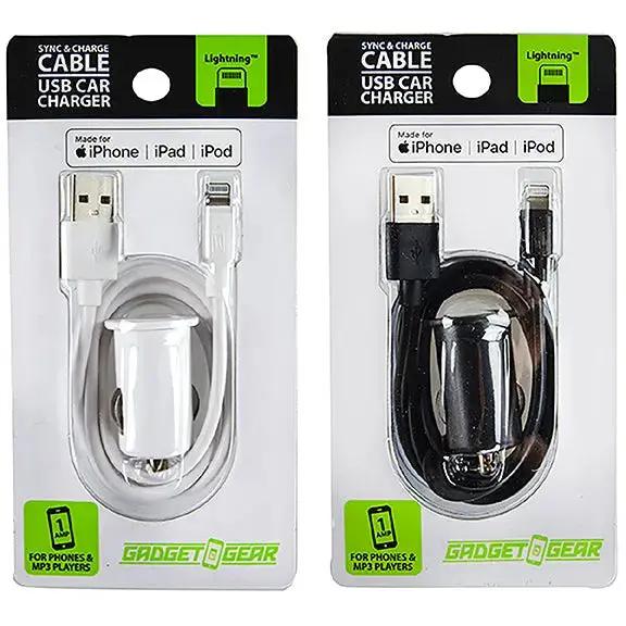 Car Charger Usb Port With Charging Cable Usb To Lightning Set - 2 Pieces Per Pack 22326 1