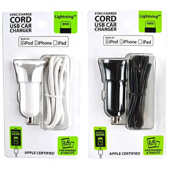 Car Charger With Usb To Lightning Charging Cable Set 2.4 Amp - 2 Pieces Per Pack 22327 1