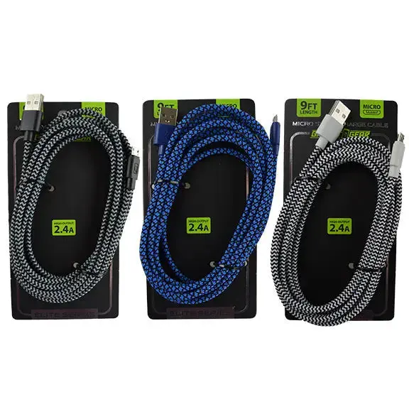 Charging Cable Elite Cloth Usb To Micro Usb 9Ft 2.4 Amp- 3 Pieces Per Pack 22441 1