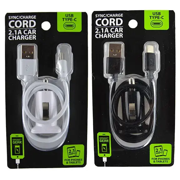 Car Charger With Usb To Usb-C Charging Cable Set 2.1 Amp - 2 Pieces Per Pack 22451 1