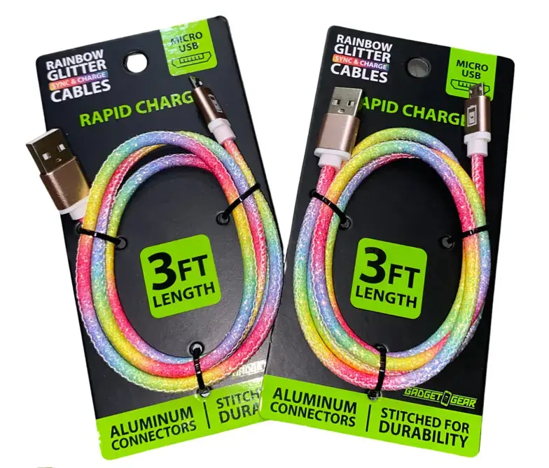 Charging Cable Rainbow Glitter Usb To Micro Usb 3Ft - 20 Pieces Per Pack 23608Mn 1