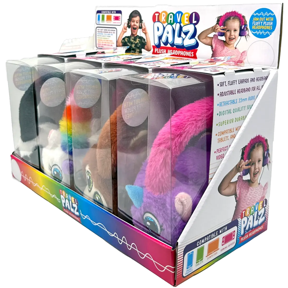 Wired Headphones Travel Pals Kids Plush With Retractable Cord - 4 Pieces Per Retail Ready Display 23699 1