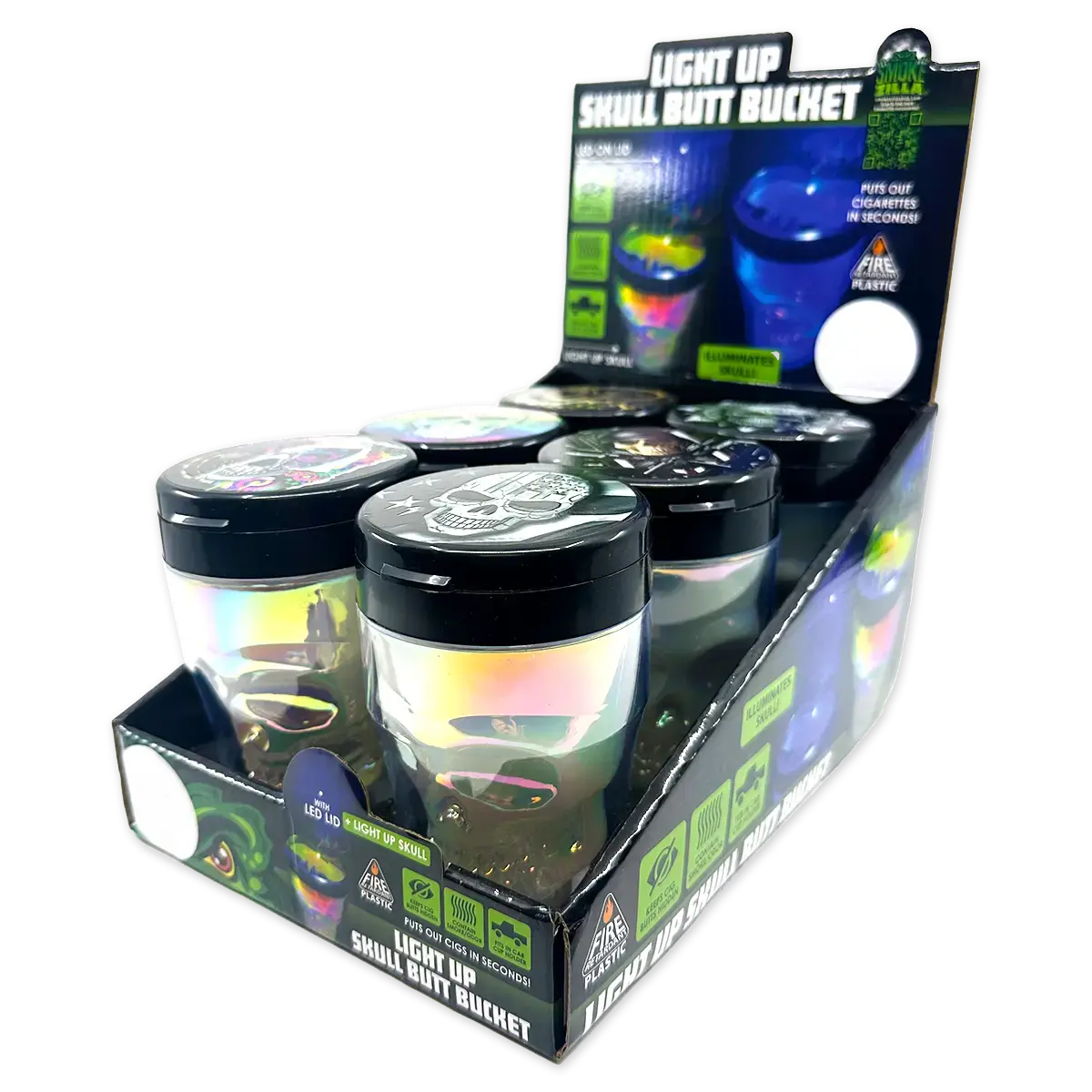 Printed Lid Light-Up Skull Butt Bucket Ashtray - 6 Pieces Per Retail Ready Display 23981 1