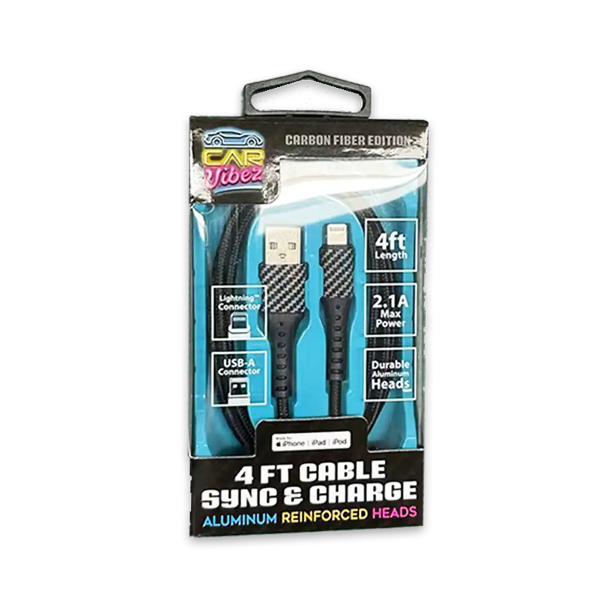 Charging Cable Carbon Fiber Usb To Lightning 4Ft 2.1 Amp - 3 Pieces Per Pack 24565 1