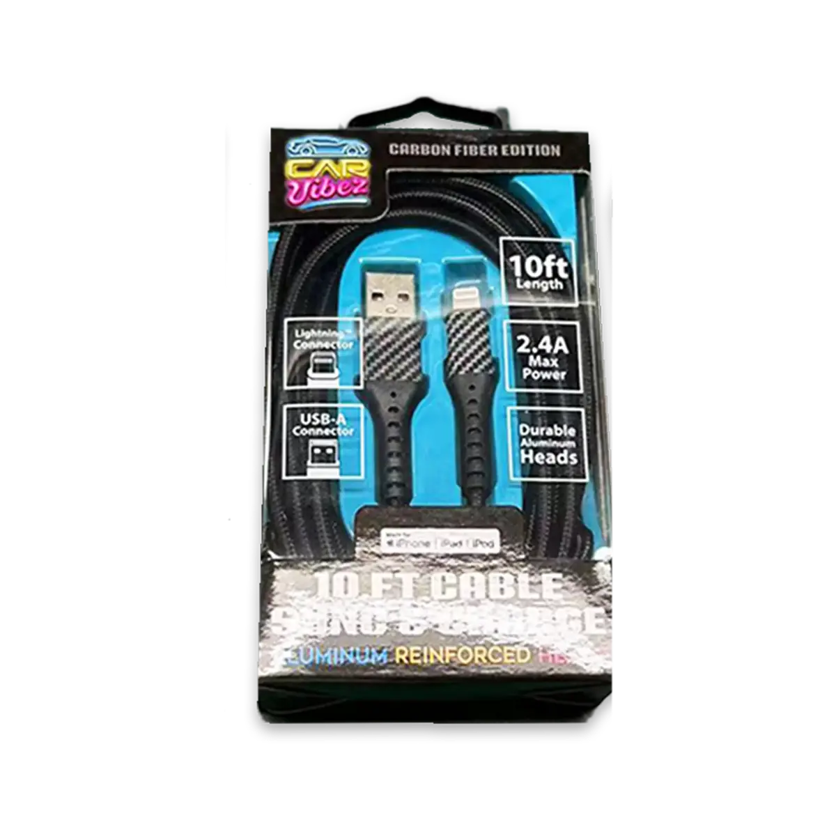 Charging Cable Carbon Fiber Usb To Lightning 10Ft 2.4 Amp - 3 Pieces Per Pack 24566 1