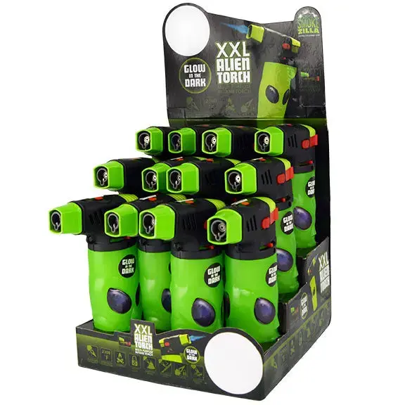 Glow In The Dark Molded Alien Xxl Torch Lighter - 12 Pieces Per Retail Ready Display 24811 1