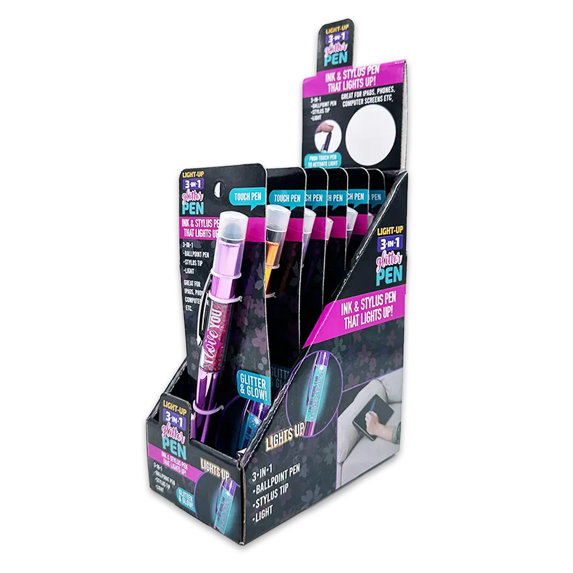 Light-Up 3-In-1 Glitter Pen Stylus - 6 Pieces Per  Retail Ready Display 24849 1