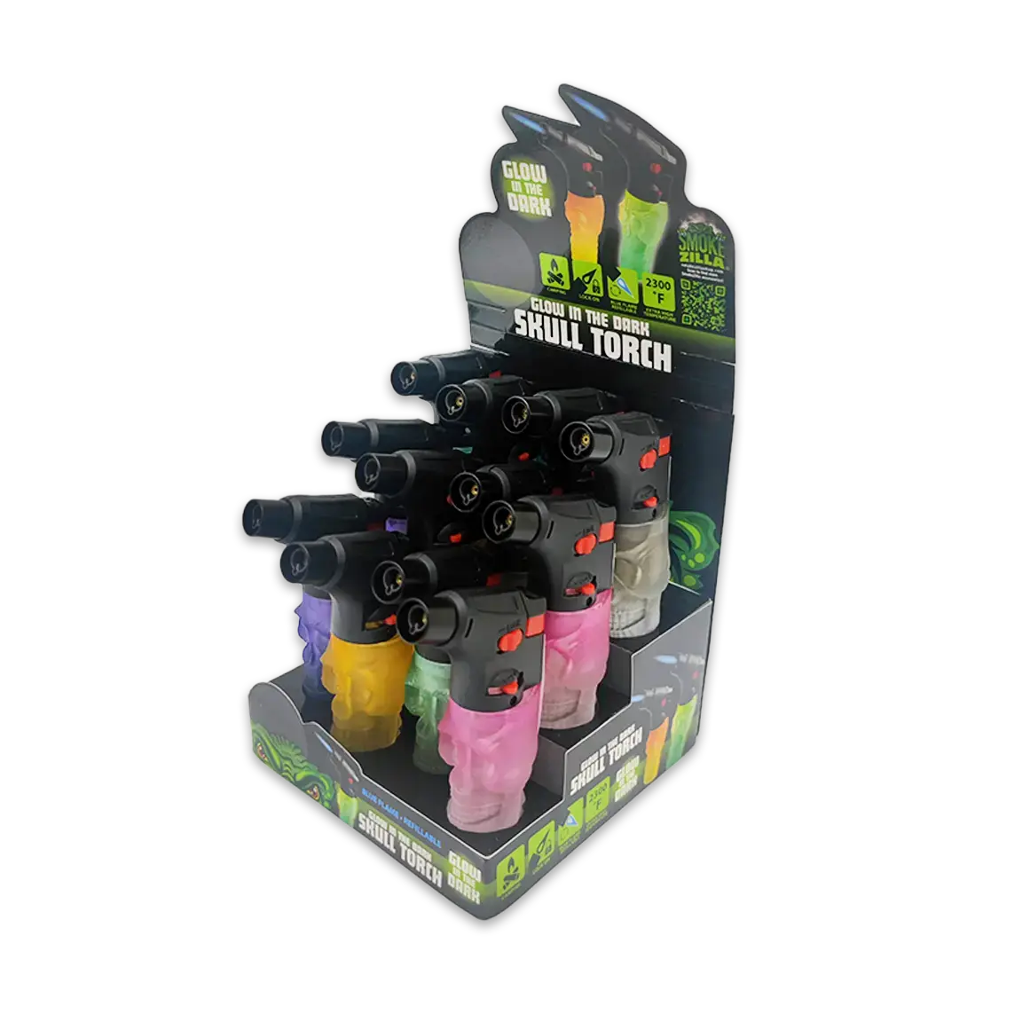 Glow In The Dark Skull Torch Lighter - 12 Pieces Per Retail Ready Display 25093 1