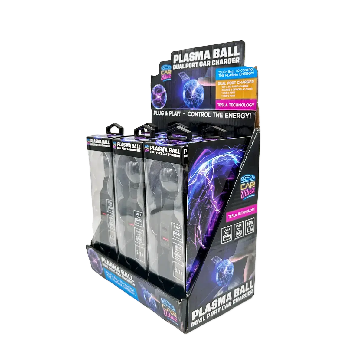Car Charger Dual Port Usb-A/Usb-C 3.1-Amp Plasma Ball - 6 Pieces Per Retail Ready Display 25275 1