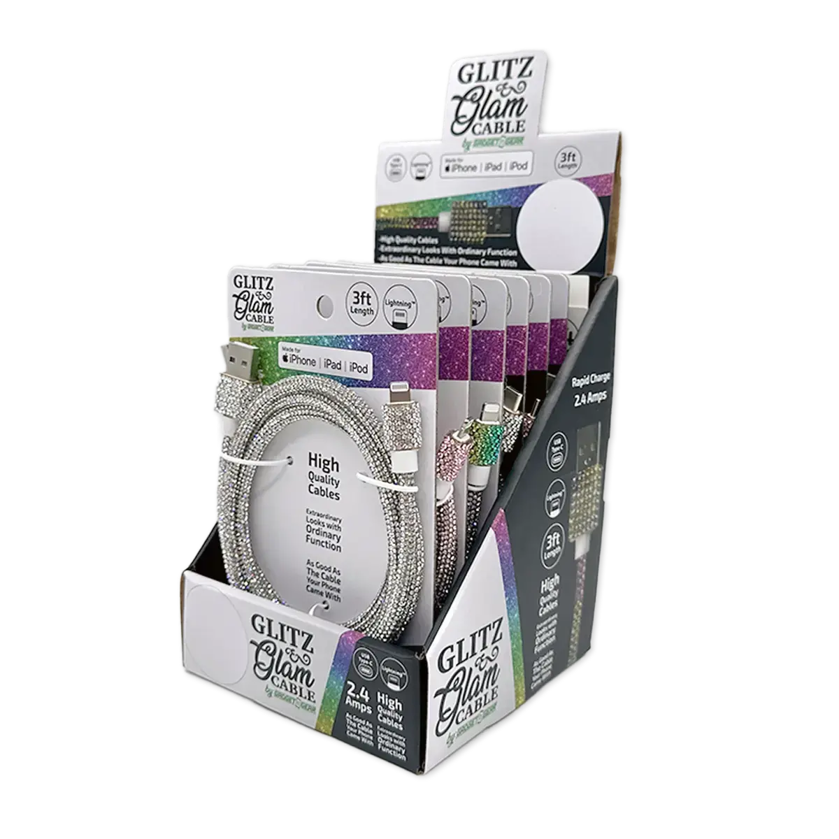 Charging Cable 3Ft 2.4Amp Usb-To-Usb-C / Lightning Glitz N Glam Assortment - 6 Pieces Per Retail Ready Display 25679 1