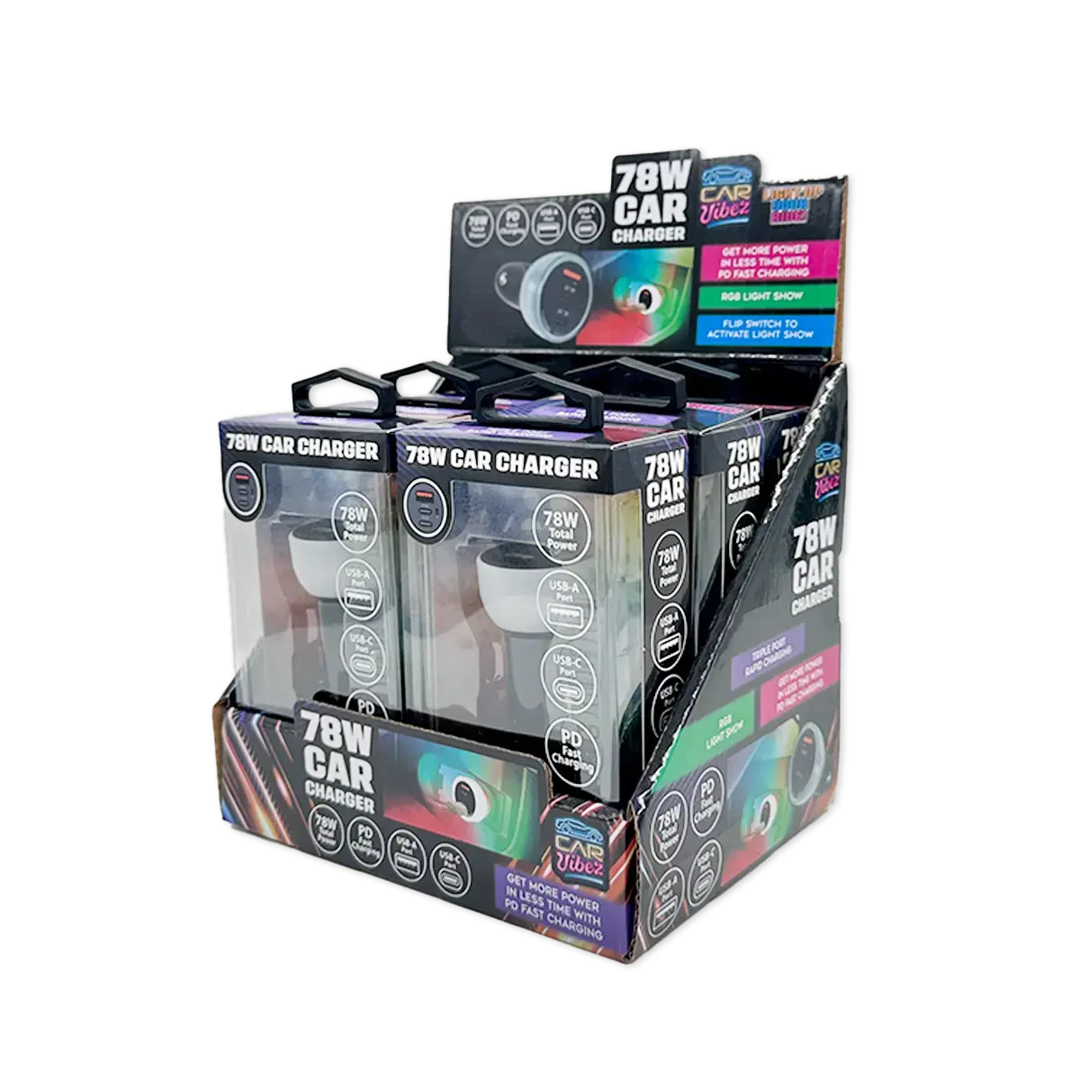 Car Charger Triple Port Usb / Usb-C Led 78W - 6 Pieces Per Retail Ready Display 25693 1