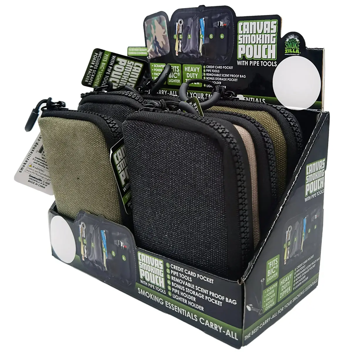 Canvas Smoking Pouch With Zipper  - 6 Pieces Per Retail Ready Display 26016 1