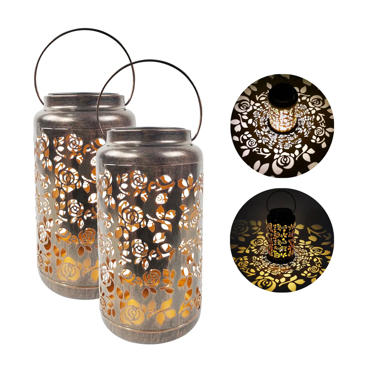 Bliss Outdoors Bsl-313-Bz Set Of 2 Solar Led Lanterns W/ Rose Design & Hand Painted Finish | 9-In. Tall | Waterproof Ip44 (Bronze) 1