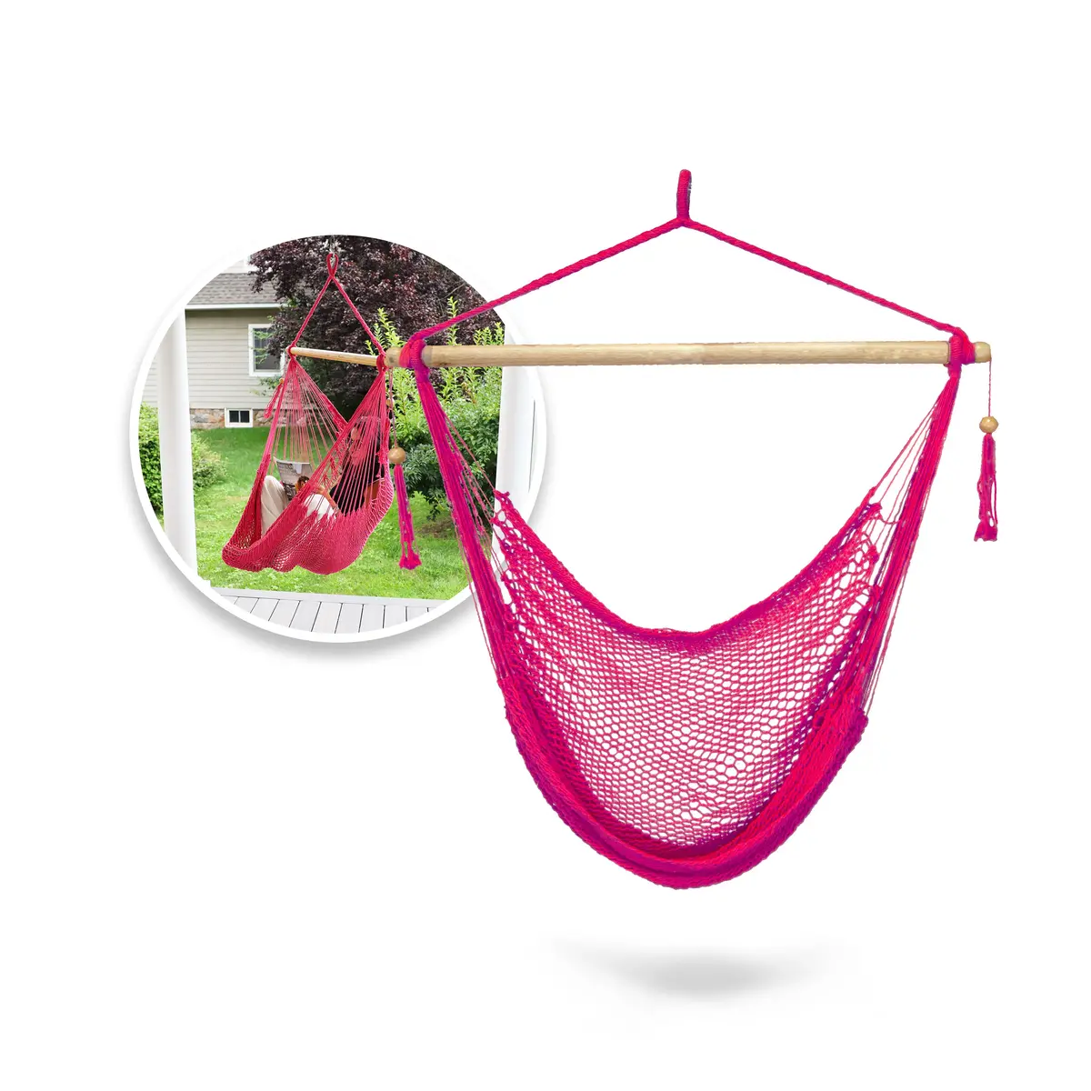Bliss Hammocks Bhc-412Pk Island Rope Hammock Chair W/ Spreader Bar & Hanging Hardware | 40-In. Wide | 265 Lb. Capacity (Pink) 1