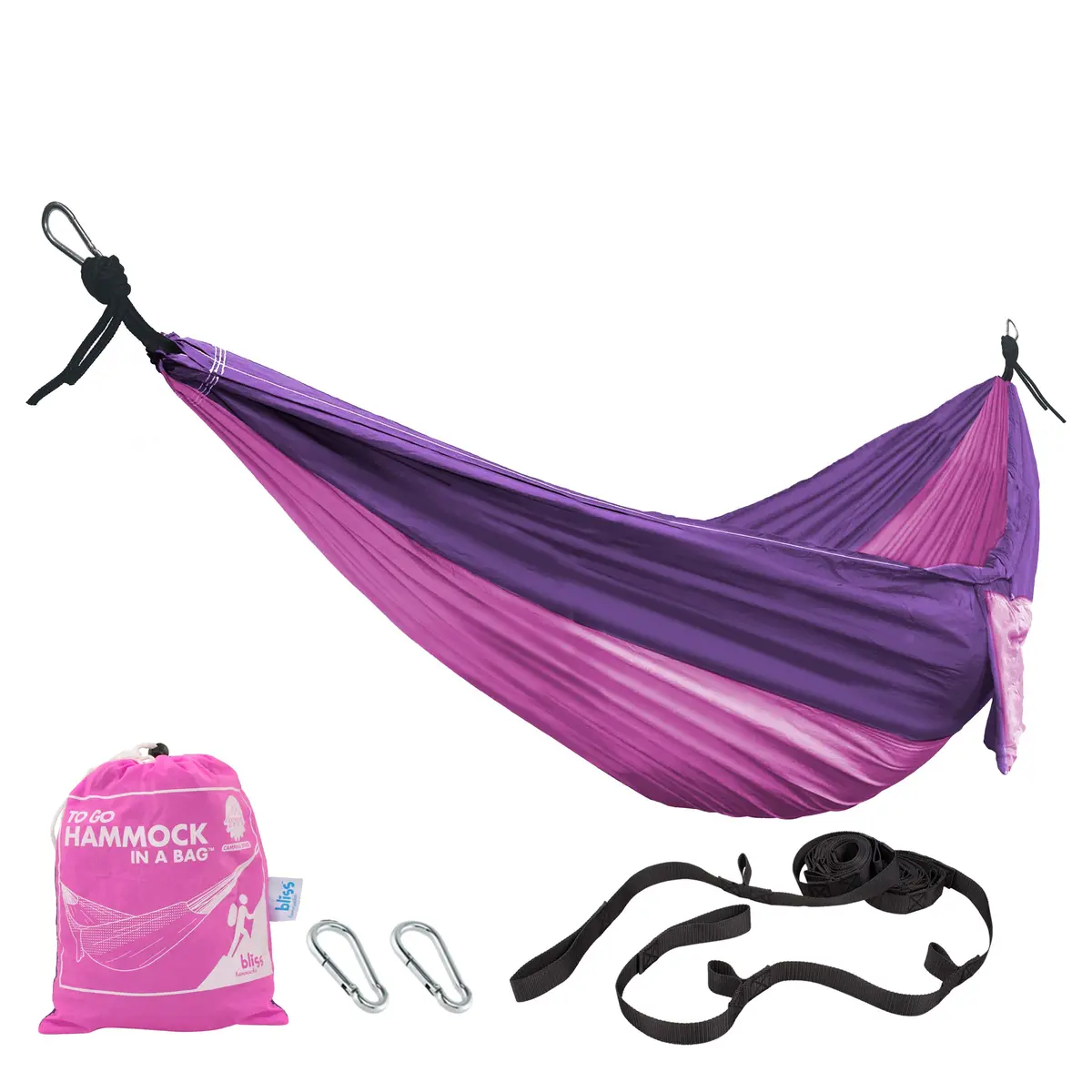 Bliss Hammocks Bh-406St-Pp Hammock In A Bag W/ Carabiners & Tree Straps | 54-In. Wide | Weather Resistant | 350 Lb. Capacity (Pink/Purple) 1