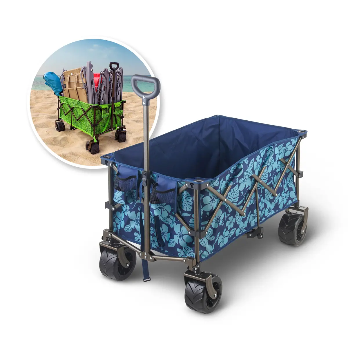 Bliss Hammocks Bhw-100-Bf Collapsible Garden Cart/Beach Wagon W/ Storage Bag | 36-In. X 22-In. | Tool/Beverage Holders & Wheels | Waterproof | 175 Lb. Capacity (Blue Flowers) 1