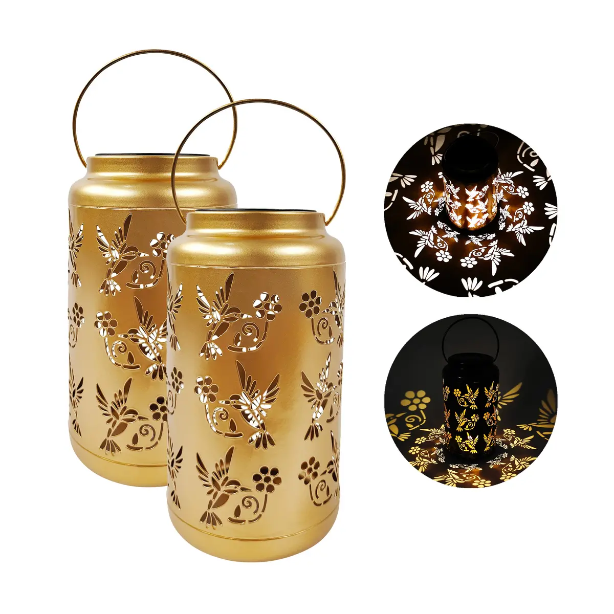 Bliss Outdoors Bsl-309-G Set Of 2 Solar Led Lanterns W/ Humming Bird Design & Hand Painted Finish | 9-In. Tall | Waterproof Ip44 (Gold) 1