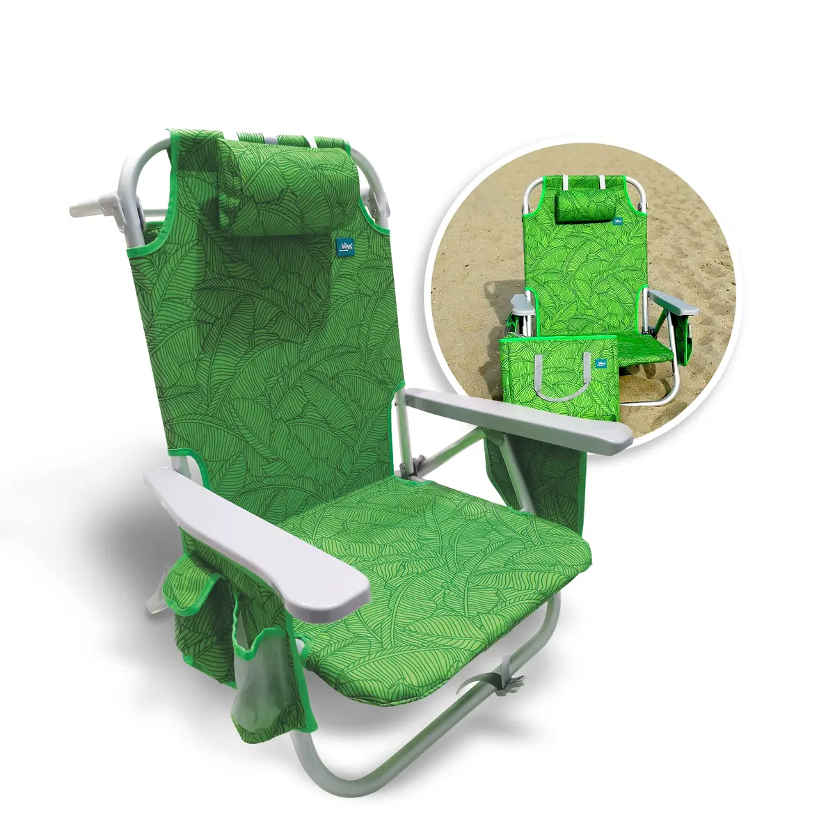 Bliss Hammocks Bbc-350-Gbl Backpack Aluminum Beach Chair W/ Side Pocket & Detachable Cooler Bag | 5 Reclining Positions | 275 Lb. Capacity (Green Banana Leaves) 1