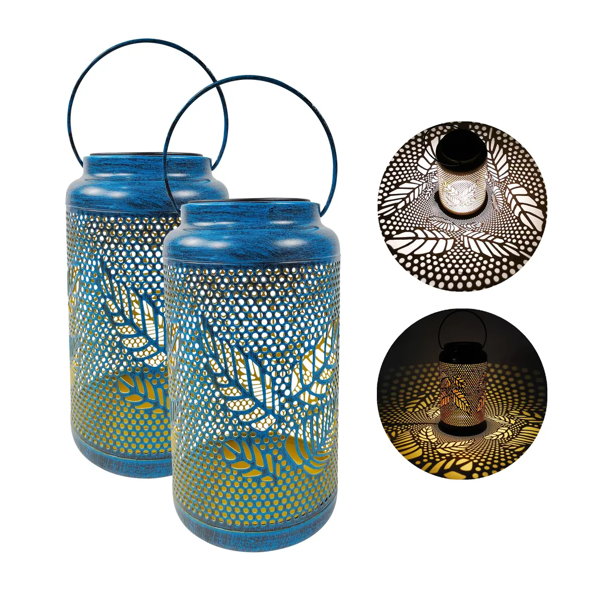 Bliss Outdoors Bsl-312-Bl Set Of 2 Solar Led Lanterns W/ Berry Leaf Design & Hand Painted Finish | 9-In. Tall | Waterproof Ip44 (Blue) 1