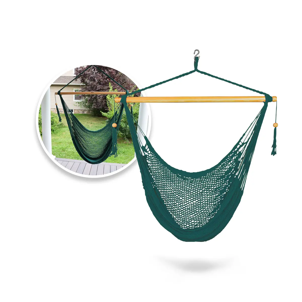 Bliss Hammocks Bhc-412G Island Rope Hammock Chair W/ Spreader Bar & Hanging Hardware | 40-In. Wide | 265 Lb. Capacity (Green) 1