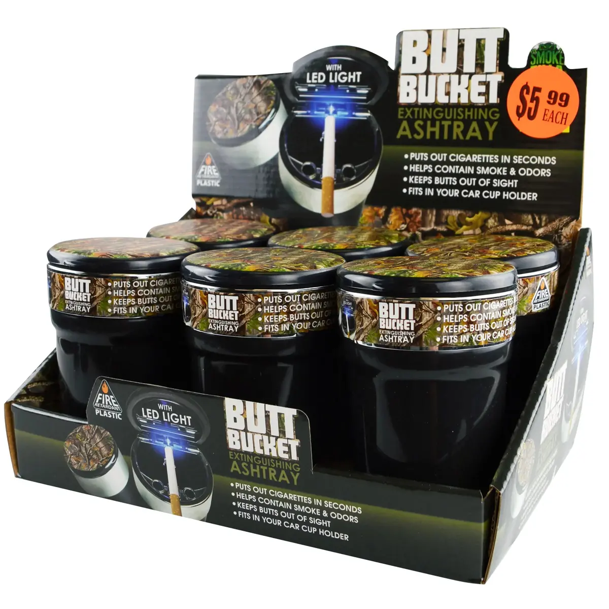 Printed Lid Camo Butt Bucket Ashtray With Led Light - 6 Pieces Per Retail Ready Display 40230 1