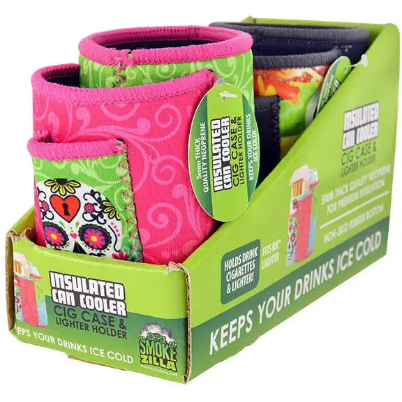 Neoprene Can And Bottle Cooler With Cigarette Pouch - 2 Pieces Per Retail Ready Display 40330 1