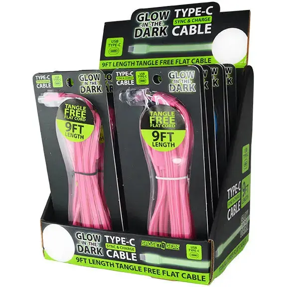 Charging Cable Glow In The Dark Flat Usb To Usb-C 9Ft - 12 Pieces Per Retail Ready Display 40353 1