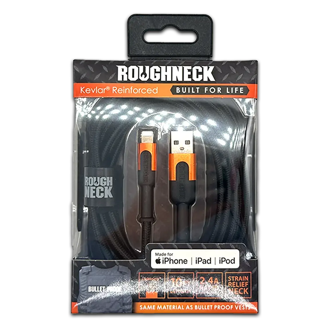 Charging Cable Roughneck Soft Cloth Usb To Lightning 10Ft 2.4 Amp - 4 Pieces Per Retail Ready Pack 41594 1