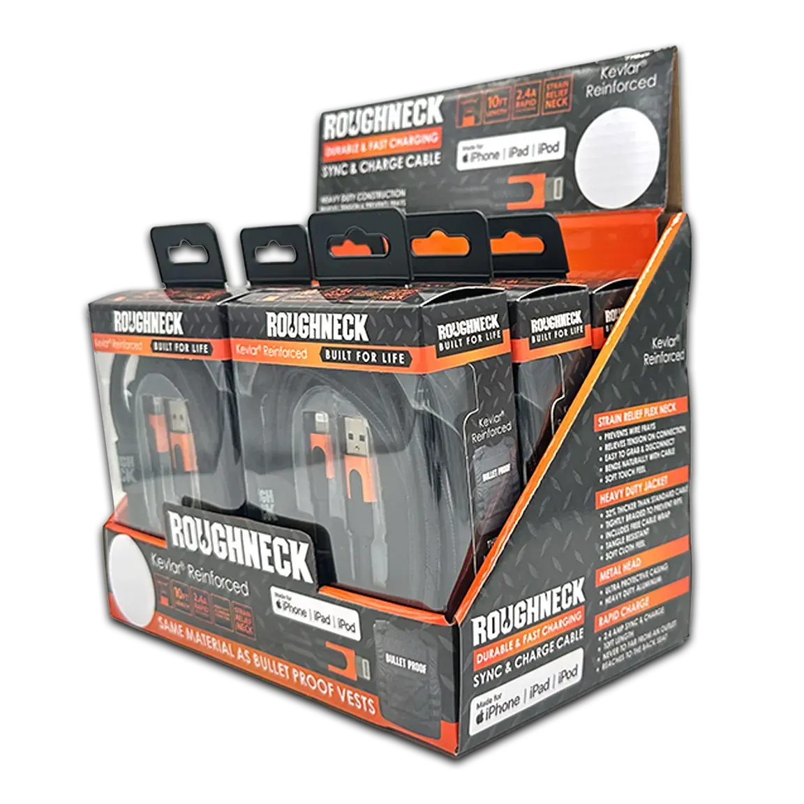 Charging Cable Roughneck Soft Cloth Usb To Lightning 10Ft 2.4 Amp - 6 Pieces Per Retail Ready Display 41594D 1