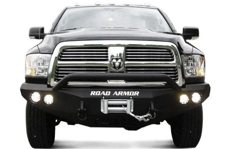 Road Armor Stealth 47014B 1997-2002 Dodge Ram 2500/3500 Front Winch Ready Bumper Pre-Runner Style, Black Finish And Round Fog Light Hole 1
