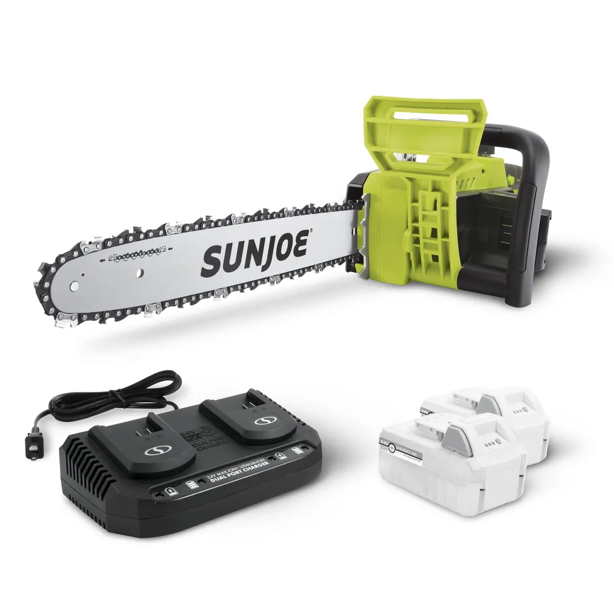 Sun Joe 48-Volt* Ionmax Cordless Chain Saw Kit | 16-Inch | W/ 2 X 5.0-Ah Batteries + Dual Port Charger 1