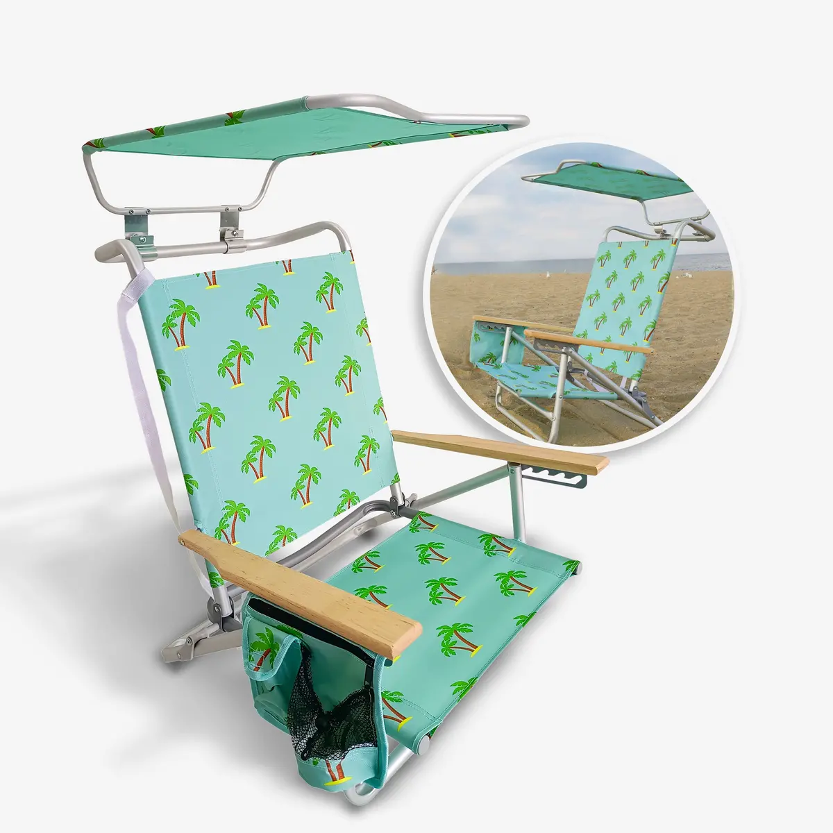 Bliss Hammocks Bbc-351-Pt Folding Beach Chair W/ Canopy | 5 Reclining Positions | Storage Pouch, Phone Holder, & Cup Holder Included | 275 Lb. Capacity (Palm Tree) 1