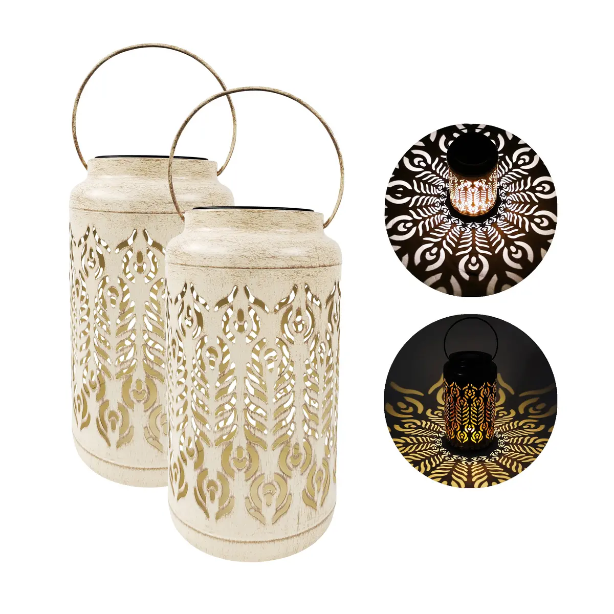 Bliss Outdoors Bsl-310-Wh Set Of 2 Solar Led Lanterns W/ Phoenix Feather Design & Hand Painted Finish | 9-In. Tall | Waterproof Ip44 (White) 1