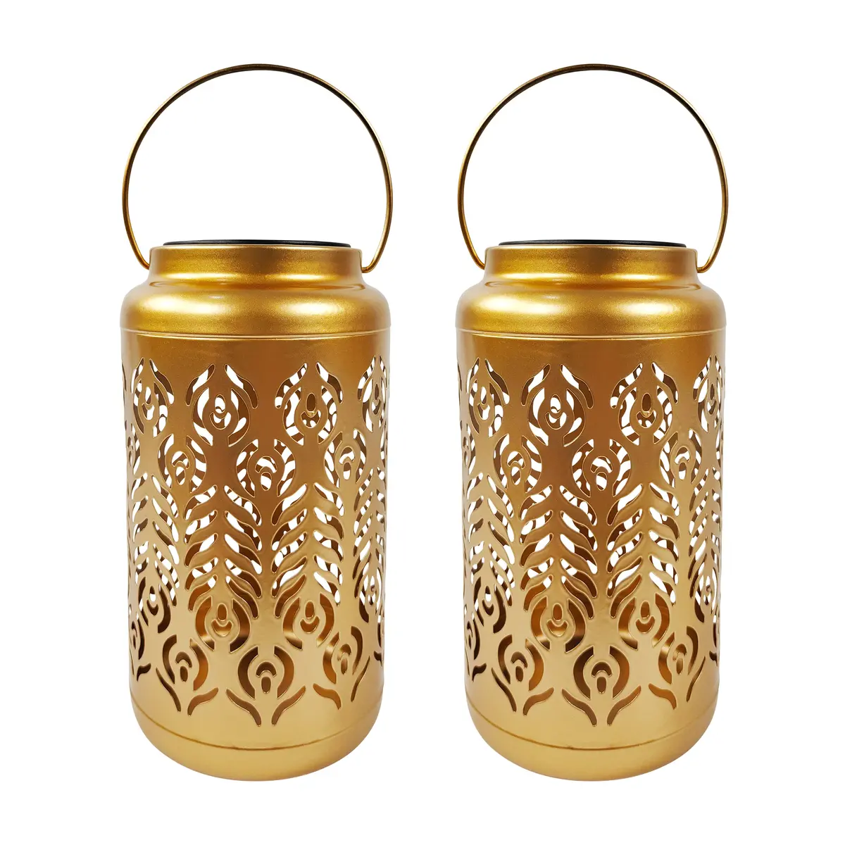 Bliss Outdoors Bsl-310-G Set Of 2 Solar Led Lanterns W/ Phoenix Feather Design & Hand Painted Finish | 9-In. Tall | Waterproof Ip44 (Gold) 2