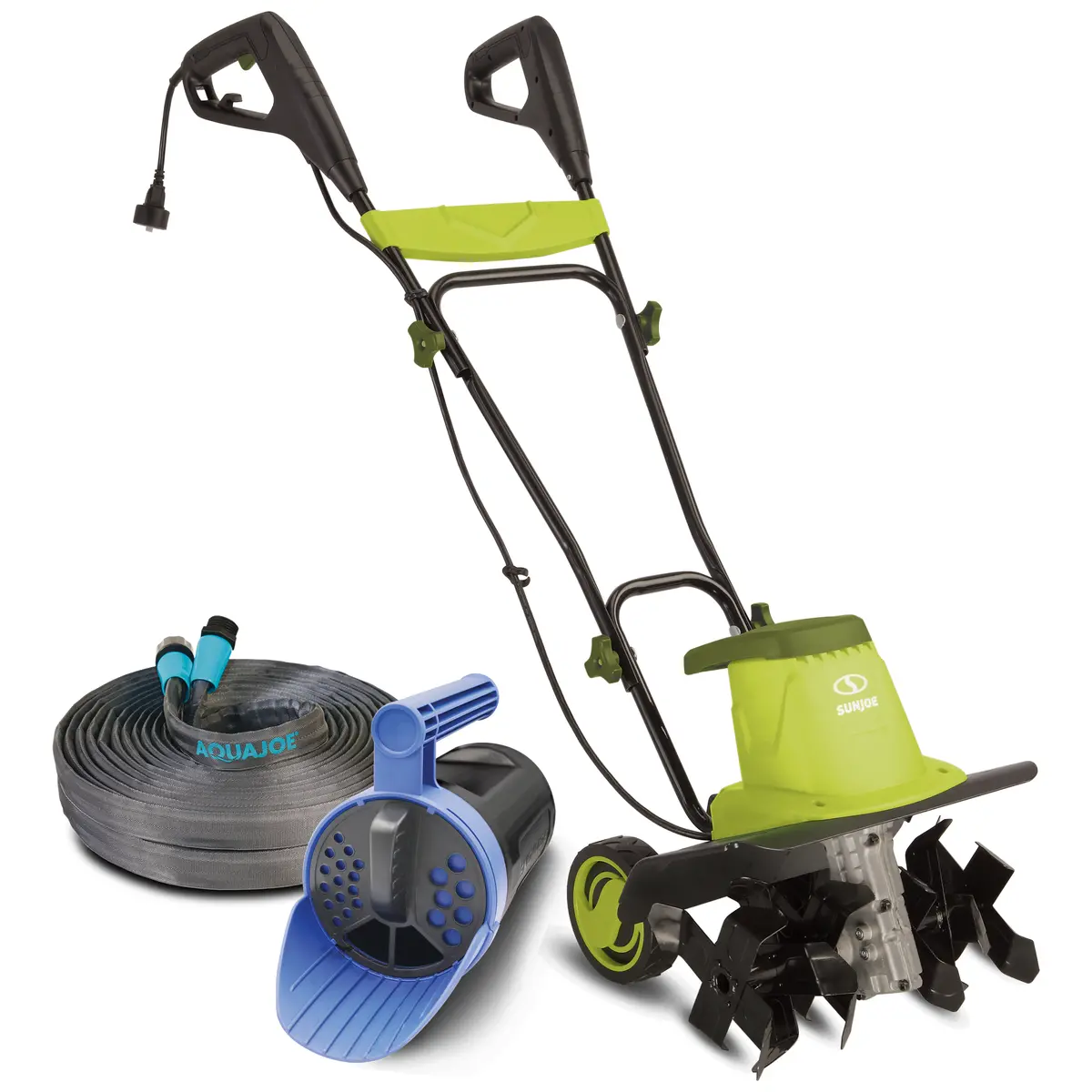 Sun Joe Lush Lawn Bundle | Electric Tiller + Hose + Multi-Purpose Spreader 1