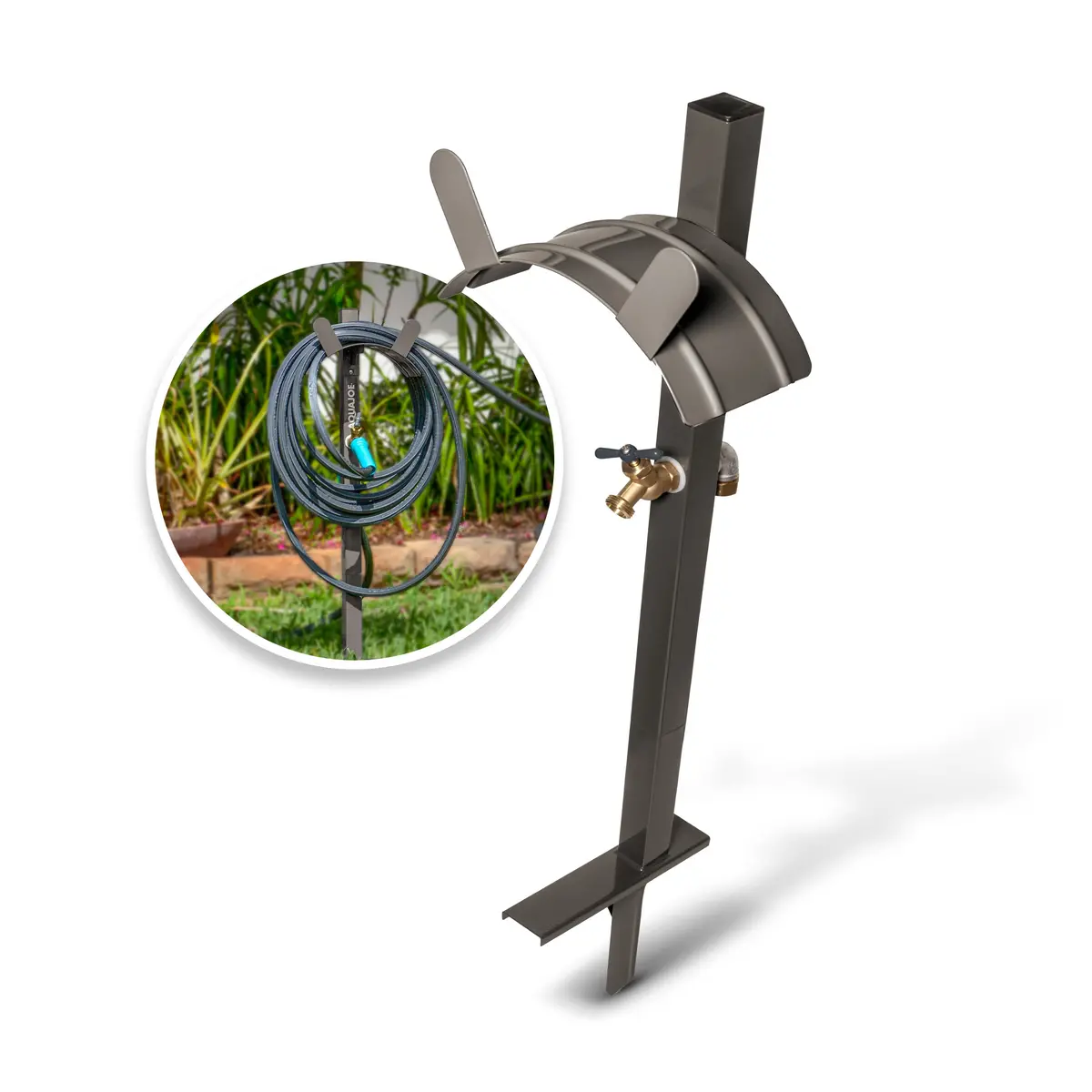 Aqua Joe Sj-Shsbb-Tan Garden Hose Stand W/ Brass Faucet | Stores Up To 125-Ft (Tan) 1