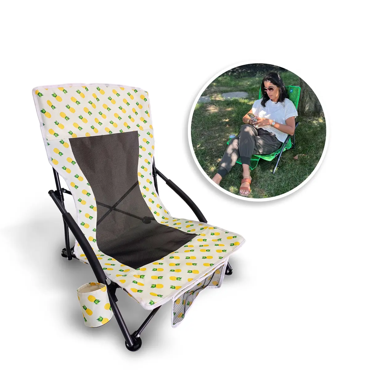 Bliss Hammocks Bbc-353-Pin Collapsible Beach Chair W/ Cup Holder | Storage Bag Included | 275 Lb. Capacity (Pineapple) 1