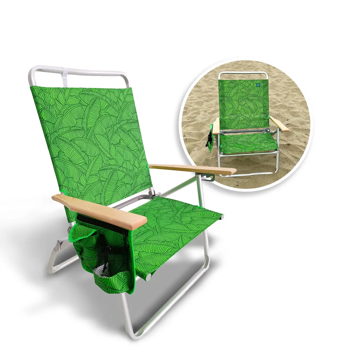 Bliss Hammocks Bbc-354-Gbl Foldable Beach Chair W/ Side Pocket | 3 Reclining Positions | Storage Pouch, Phone Holder, & Cup Holder Included | 275 Lb. Capacity (Green Banana Leaves) 1