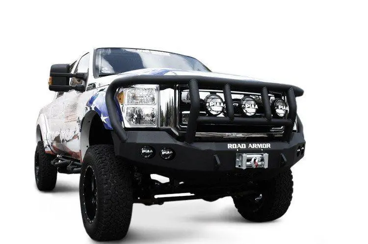 Road Armor Stealth 611R2b 2011-2016 Ford F250/F350/F450 Superduty Front Winch Ready Bumper Titan Ii Grille Guard, Black Finish And Square Fog Light Hole 1